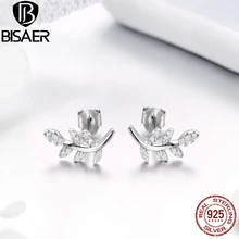 BISAER,, 925 пробы, серебряное дерево, листья, дерево, лист, маленькие серьги-гвоздики для женщин, модные серьги, ювелирное изделие EFE031