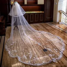 Роскошные 2 яруса белая слоновая кость для новобрачных Фата 3 м собор Длина кружевная Апликация Край Свадебные фаты для невест с румяна с расческой