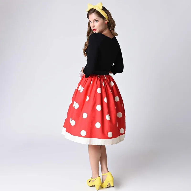 Christmas Vintage Dot Skirt Women High Waist Patchwork Party Skirt A