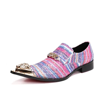 

New Brand Designer Men's Luxury Fashion Dress Shoes with Chain Exquisite Colorful Striped Bling Bling Wedding and Party Shoes