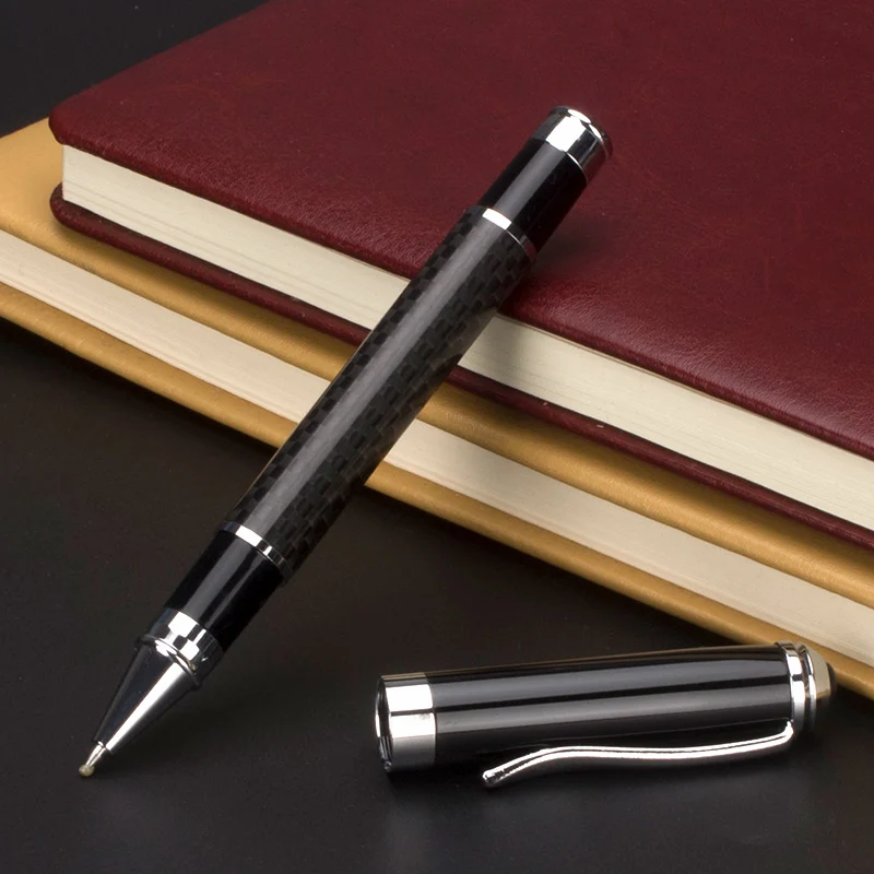 

black Carbon Fiber Rollerball Pen Silver Clip Black Ink 0.5mm Metal Ballpoint Pens with gift Box School Office Supplies