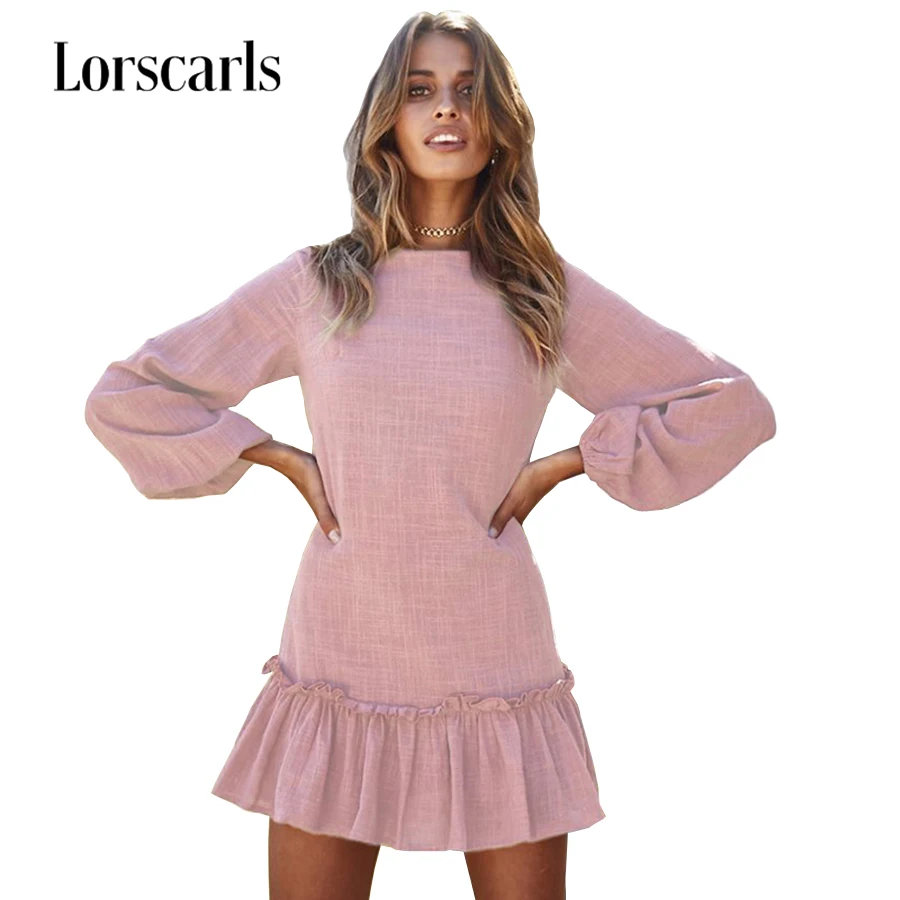 Lorscarls Ruffle Vintage Boho Pink Dress Women Summer Beach Dress Solid Lantern Sleeve Casual