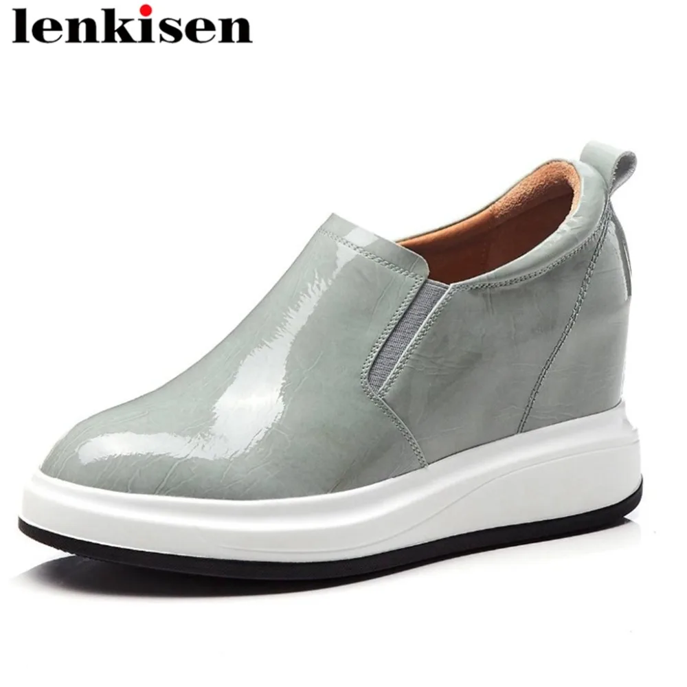 

Lenkisen genuine leather slip on wedges high heels platform round toe concise tyle increased brand women vulcanized shoes L18