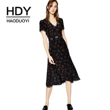HDY Haoduoyi V Neck Short Sleeve Floural Printed Midi Dress Lace Waist Tie Slim Sweet Style A-line Sexy Dress For Women sweet plunging neck lace spliced cross back midi dress for women