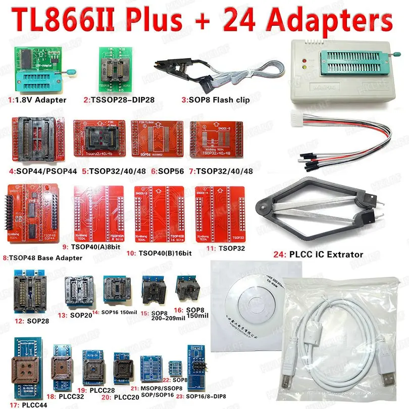 V.9.00 XGECU TL866CS TL866A TL866II ПЛЮС Универсальный USB программатор биос Nand MiniPro программатор 24 25 93 MCU биос EPROM - Цвет: TL866II-24 adapter