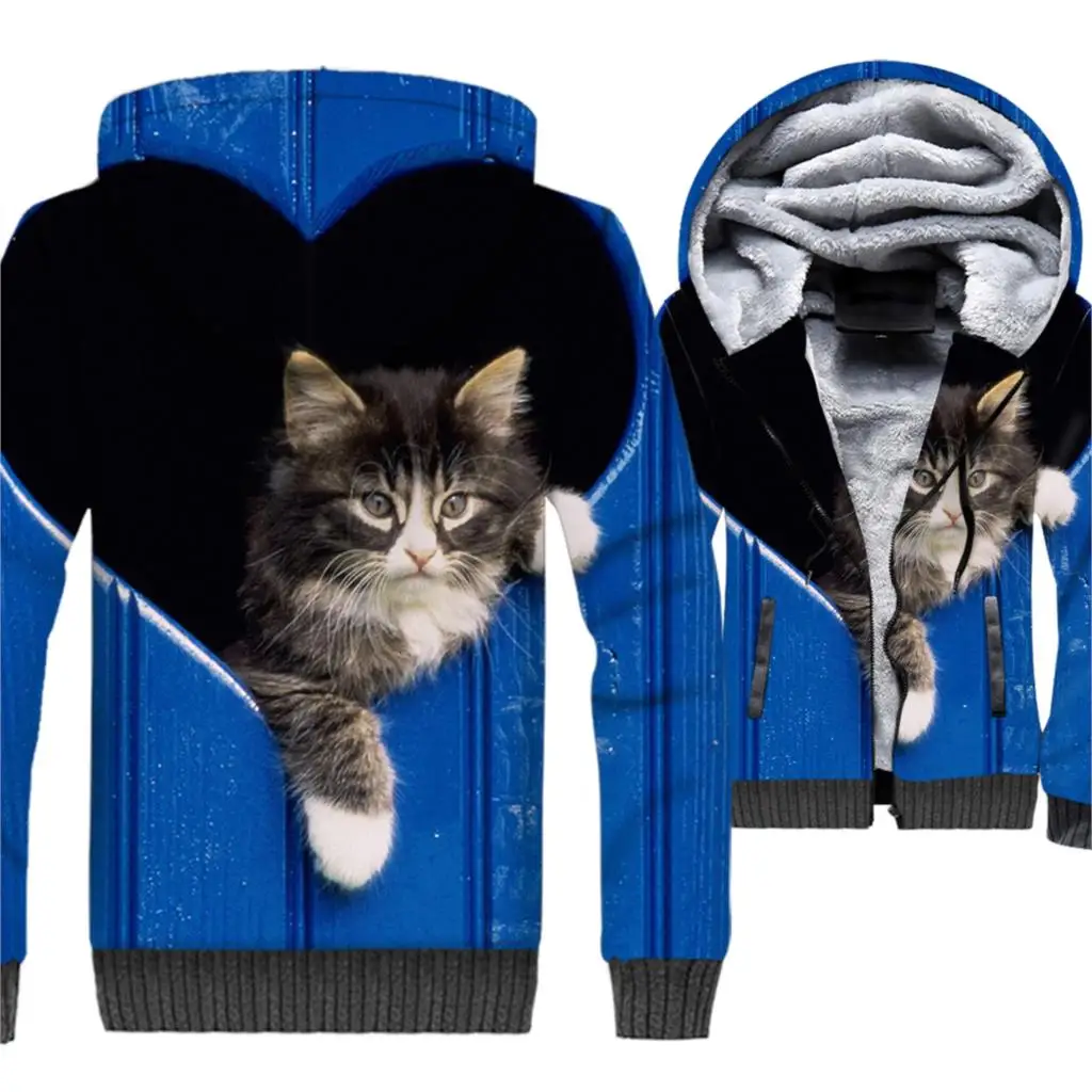 

New Fashion Sweatshirts For Men 2018 Autumn Winter Thick Jacket Male 3D Heart CAT Pattern Funny Men's Hoodies Tops Hip Hop Hoody