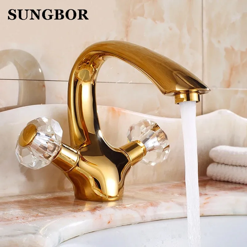 New Double handle crystal gold bathroom basin tap sink faucet water