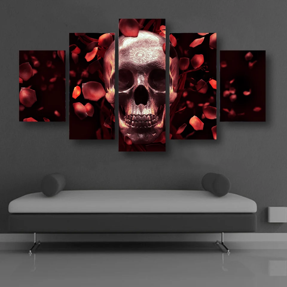 

HD 5 piece canvas art Printed roses skull full res Painting Canvas Print room decor print poster picture Free shipping/ny-4921