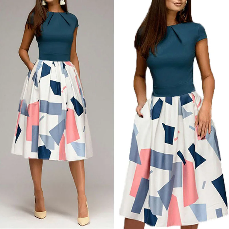 

Summer Women Vintage Dress A-Line Cap Sleeve Printing Slim Fit Splice Party Work Office OL Dress