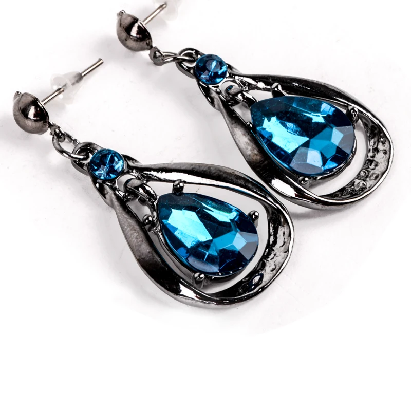 Austrian Crystal Jewelry Sets Fashion Blue Choker Collar Necklace dangle earring Jewellery Silver Plated Bridal Wedding Jewelry