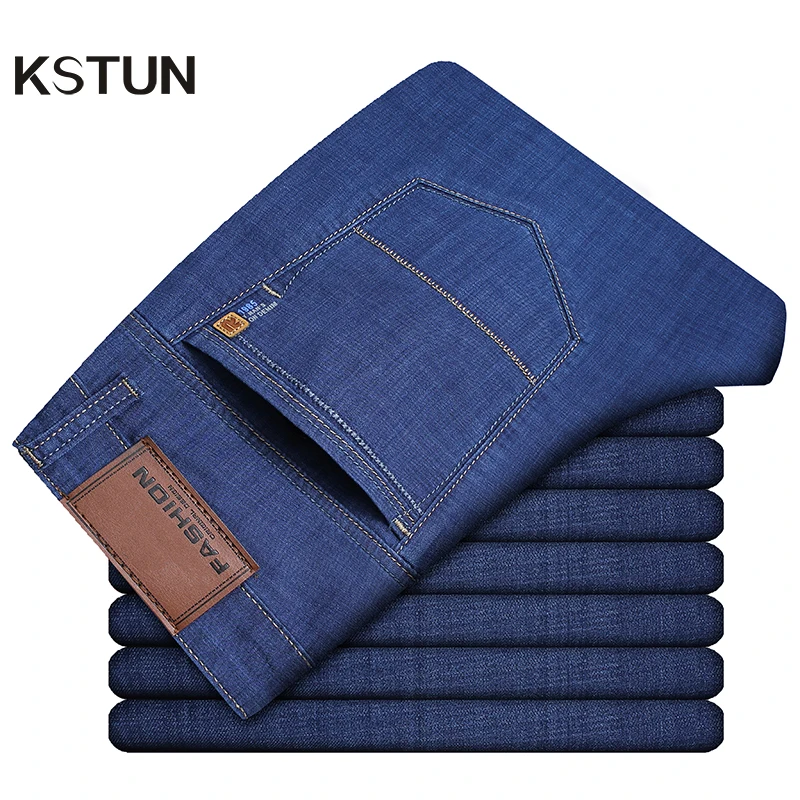 

KSTUN Men Jeans Summer Light Blue Classic Straight Direct Elasticity Business Casual Breathabel 2019 Men's Clothing Jeans Hombre