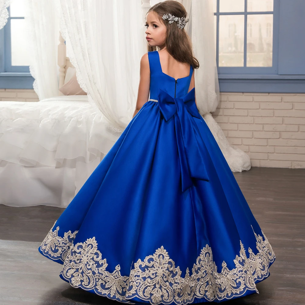 Королевский синий для девочек в цветочек платья для свадьбы платье Золушки для девочек принцесса Детская Вечеринка бальное платье Платье