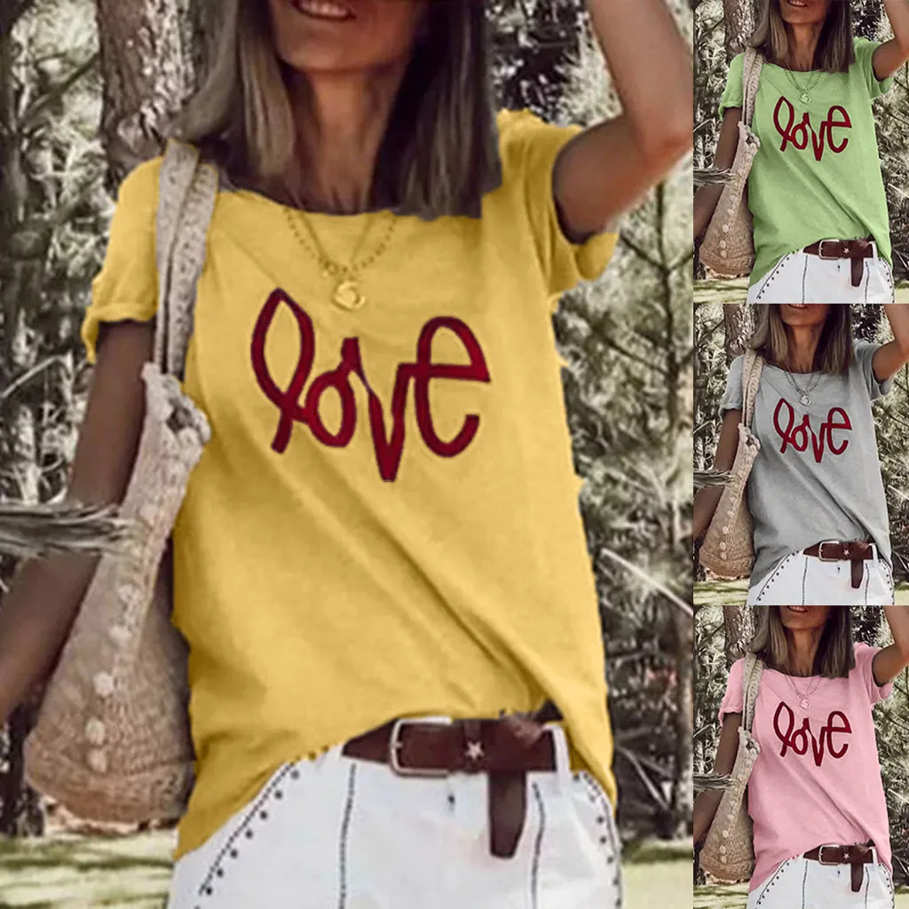 

t shirt women fashion love Women Summer Casual Easy Short Sleeve O-Neck Letter Print Beach 2019 tee shirt femme#P62