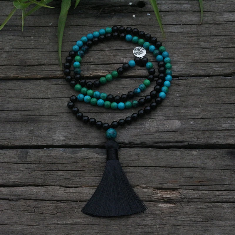 8mm Mala Beads, Black Onyx, Chrysocolla, JapaMala, Spiritual Jewelry, Prayer Meditation, OM, 108 Mala Beads, Yoga Gifts For Her