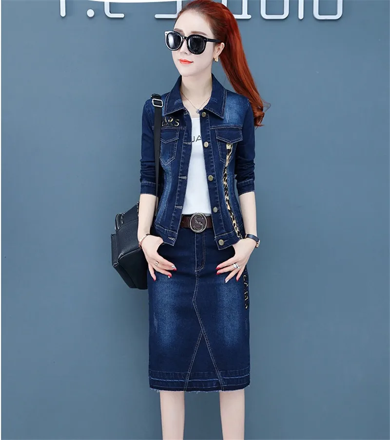 Женский джинсовый комплект из двух предметов, весна-осень, костюмы с юбкой, короткая куртка, топы и облегающие джинсы, облегающие бедра юбки, комплекты из 2 предметов для женщин A2527