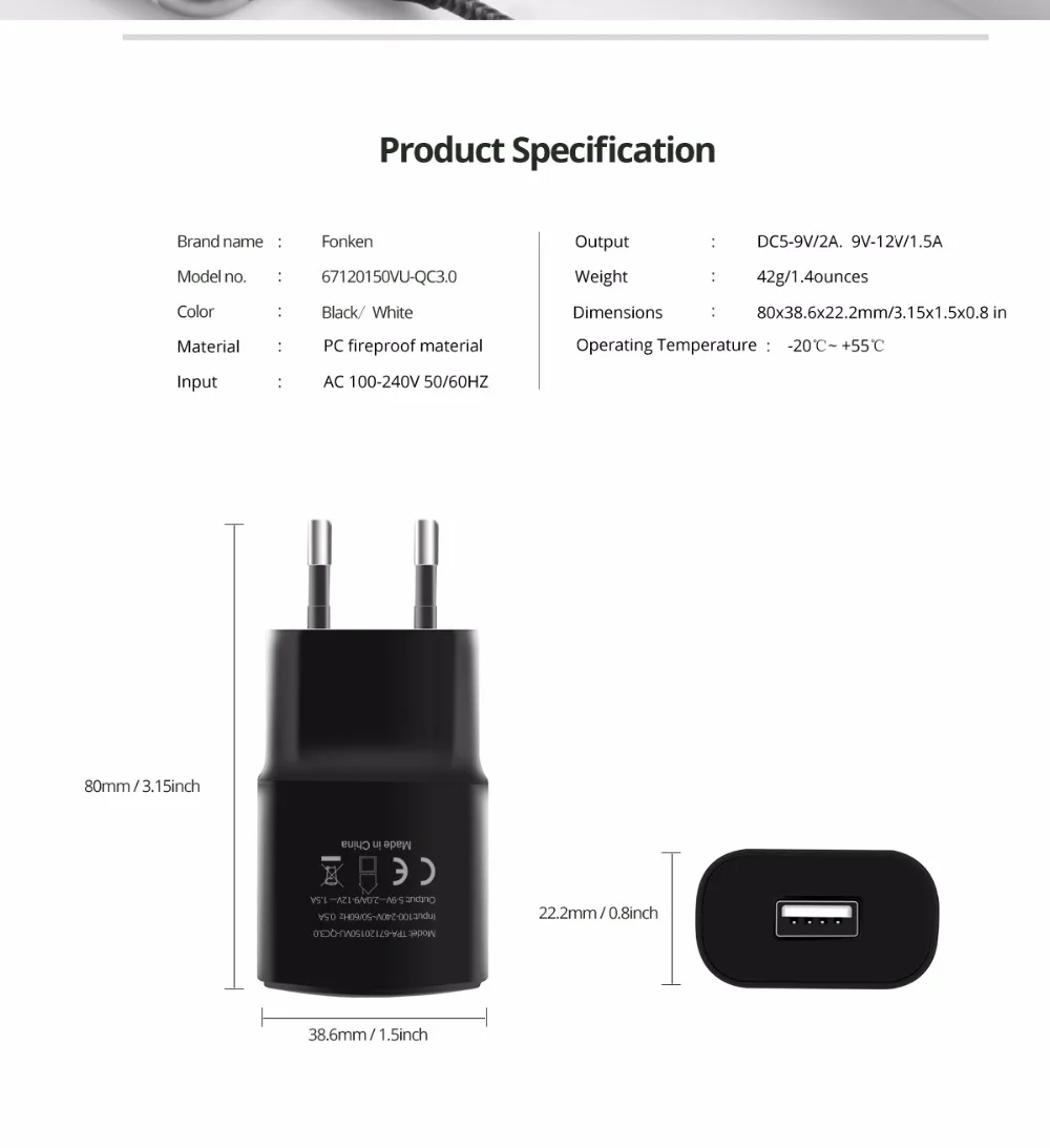 FONKEN USB зарядное устройство 18 Вт Быстрая зарядка QC3.0 QC2.0 мобильный телефон портативный настенный USB адаптер для iPhone huawei samsung быстрое зарядное устройство s