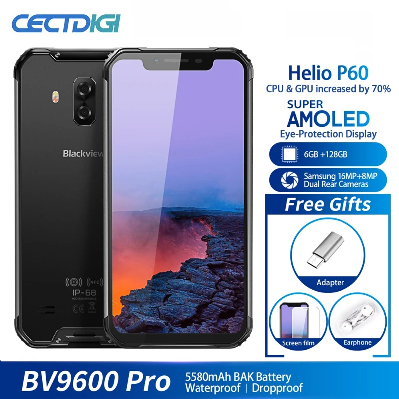 

Blackview BV9600 Pro IP68 Waterproof Mobile Phone Helio P60 6GB+128GB 6.21" 19:9 FHD AMOLED 5580mAh Android 9.0 Smartphone NFC