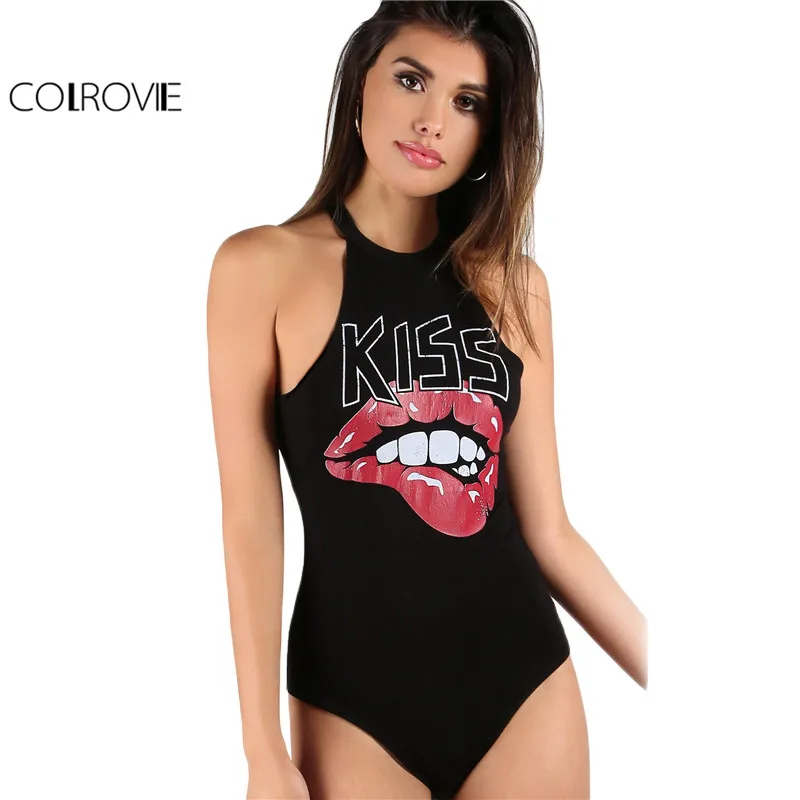 COLROVIE Kiss, без рукавов, гоночный комбинезон, черный, Холтер, для женщин, обтягивающий, с принтом, летний, боди, базовый, Повседневный, милый, модный, боди