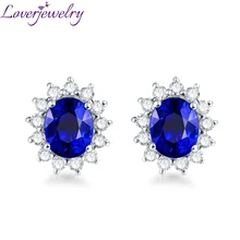Женские красивые серьги, Настоящее Белое золото 14 к, серьги с голубым сапфиром с сияющим бриллиантом для девочек, рождественские ювелирные украшения, подарок