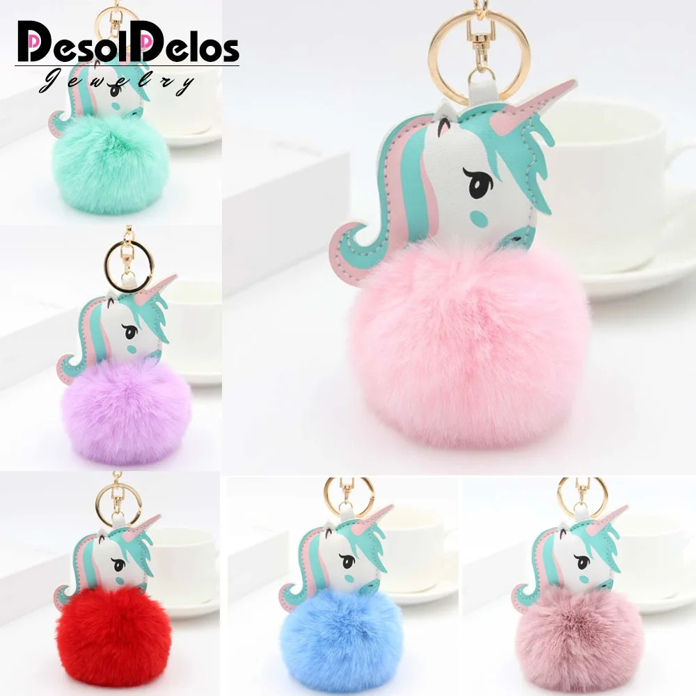 

High Quality Pom Unicorn Keychain Rabbit Fur Ball Horse Key chain porte clef fluffy pompon Bag Car Key Ring chaveiros For Women