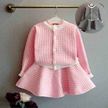 

Spring Autumn Girl Clothes Knitted Child Clothing Set 2018 Fall Kids Outfits Plaid Sweater Coat Skirt 2Pcs Sports Suit For Girls