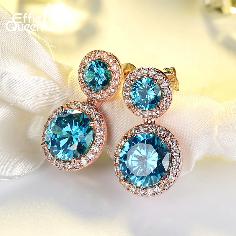 Effie Queen роскошные свадебные женские серьги двойные круглые с фианитами ААА синими