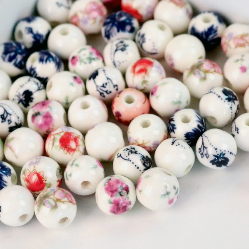 30Pcs 10mm Colorful Ceramic Porcelain Beads Flower Printed DIY Spacer Flat Beads 