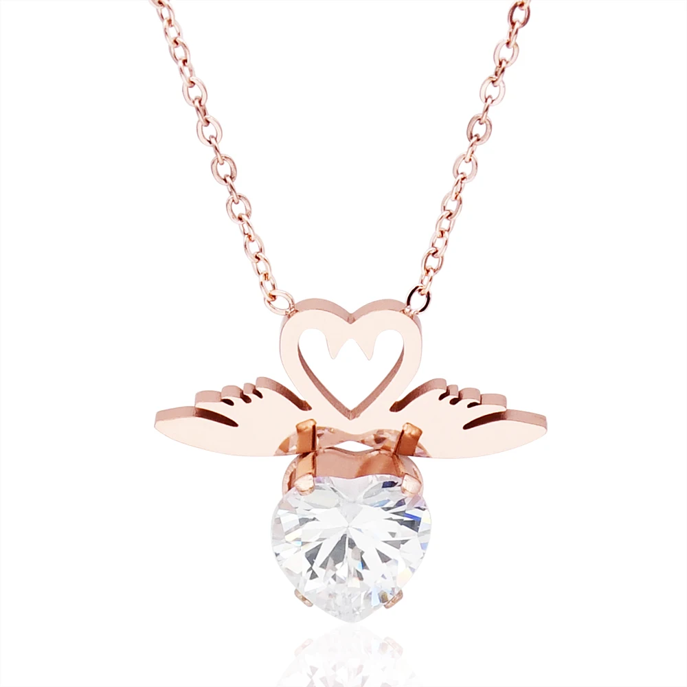 QLZBAO Rose Gold Necklaces Fashion Angel Heart Zircon Pendant AAA