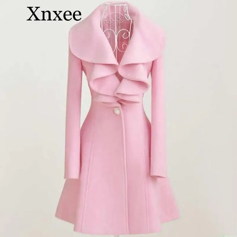 Xnxee зимнее пальто Женская шерстяная Верхняя одежда женское тонкое средней длины размера плюс однобортное шерстяное пальто с оборками и воротником - Цвет: pink