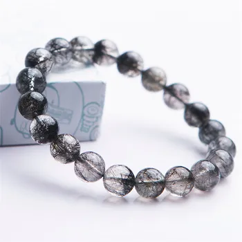 

Genuine Brazil Natural Black Rutilated Quartz Crystal Clear Round Bead Stretch Bracelets For Women Men 10mm AAAA