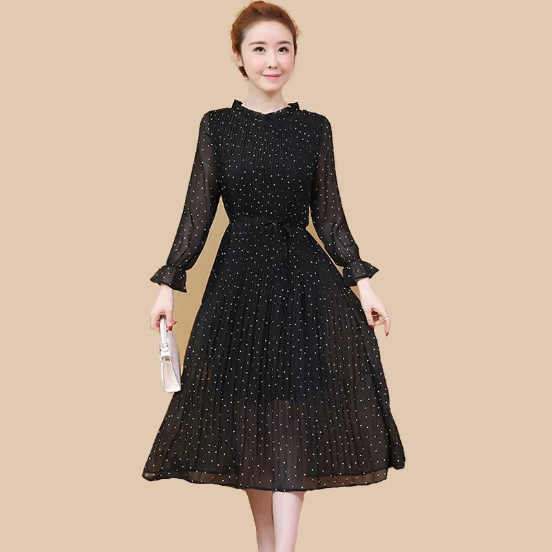 

2019 Spring summer Fashion Women Black Polka Dot Chiffon Dress Vintage Pleated Sashes A-Line Dress Casual Long Sleeved Dress