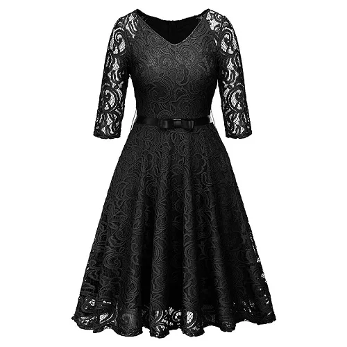 Женское вечернее платье в стиле ретро, готическое, черное, темно-синее, зеленое, ажурное, цветочное, кружевное платье, бант, пояс из ленты, весна-лето, платья для работы - Цвет: Black Dress