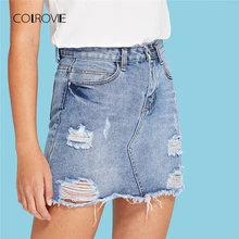 COLROVIE синяя рваная Повседневная мини джинсовая юбка летняя новая облегающая женская юбка Базовая джинсовая юбка с карманами Юбка со средней талией