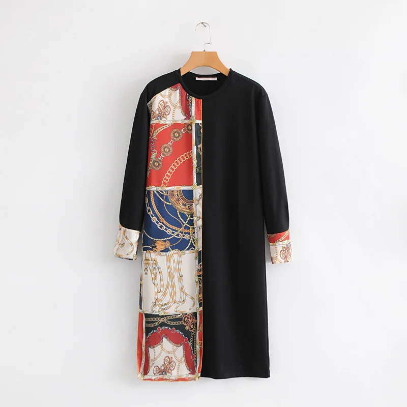 

women vintage long sleeve chain print patchwork knitting midi dress female straight vestidos casual slim business dresses DS1657