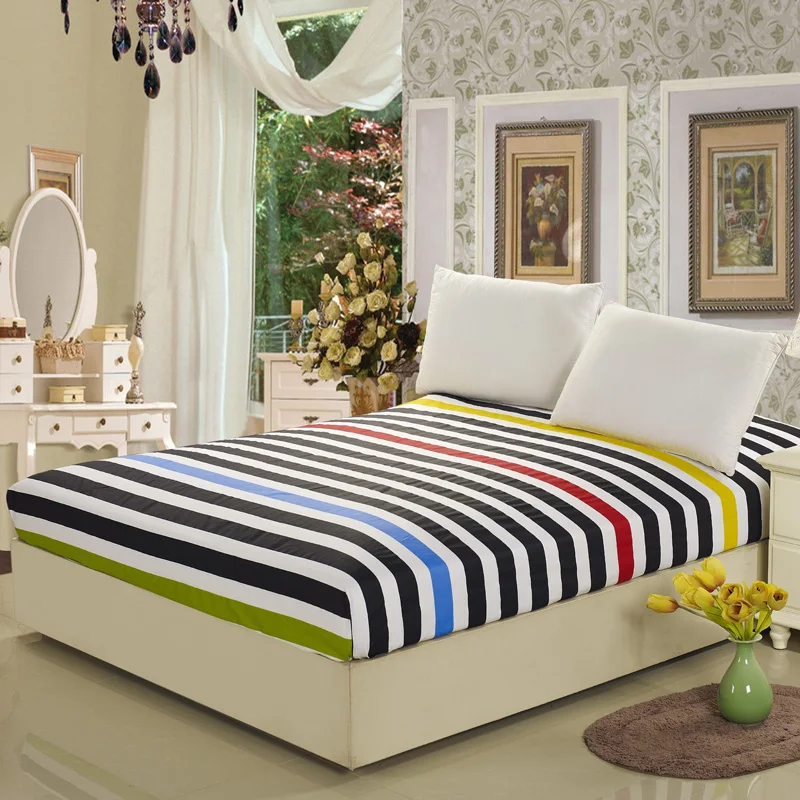 

HELENGILI Colorful Stripe Pattern Cotton Protective Sleeve Fitted Mattress Cover Single Bed Bedspread Anti Slip Fitted Sheets