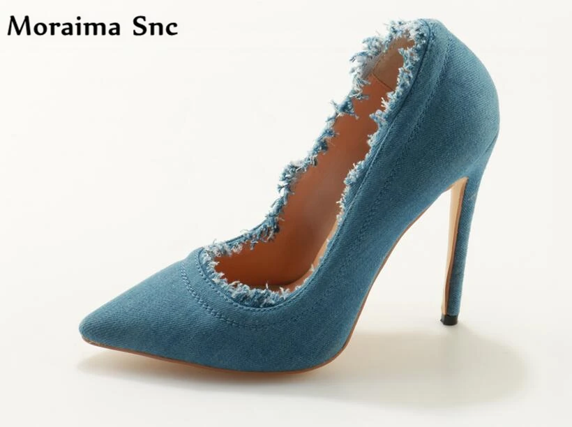

Moraima Snc Brand pointed toe concise type sexy catwalk super high heel slip-on party Dress pumps cowboy color