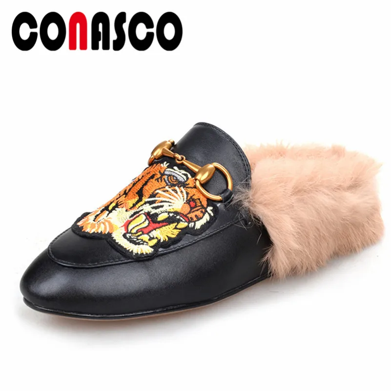 

CONASCO Fashion Women Low Heels Slingbacks Pumps High Quality Genuine Leather Mules Shoes Woman Soft Leather Casual Shoes