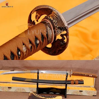 

LYUESWORD Handmade Damascus KATANA Samurai Full Tang Battle Ready UNOKUBI-ZUKURI Blade Brass Tsuba Clay Tempered Japanese Sword