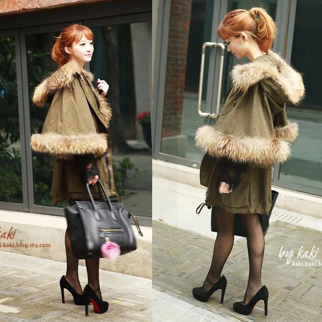 Cheap 2016 Autumn And Winter New Raccoon Fur Green Leisure Coat Plus Size Bat Sleeves Cotton Jacket For Women