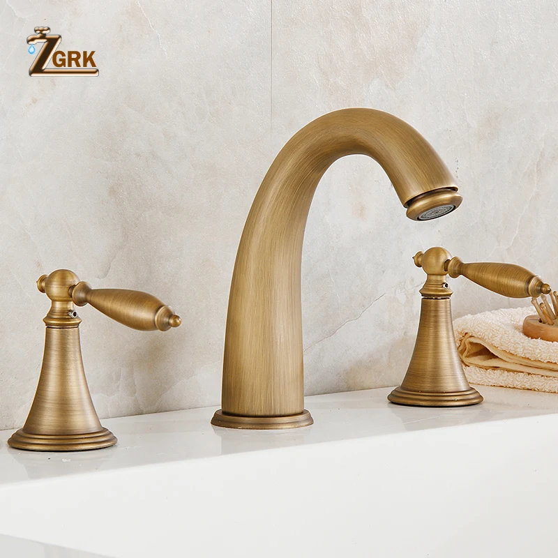 

Basin Faucets Antique Brass Deck Mounted Bathtub Mixer Faucet Dual Handle 3 hole Bathroom Faucet Set Water Tap