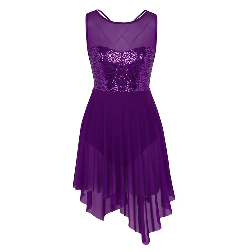 Новое поступление, Женское боди с блестками и асимметричной сеткой, с перекрещивающимися спинками, балетное танцевальное платье-пачка для сцены - Color: Dark Purple