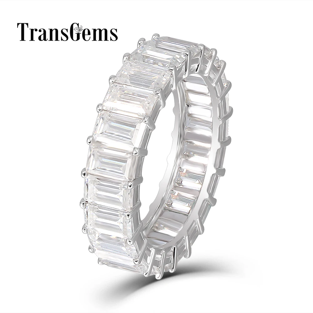 

Transgems Emerald Enternity Wedding Band 18K White Gold 3X5MM FG Color Emerald Cutting Moissanite Diamond Wedding Ring for Women