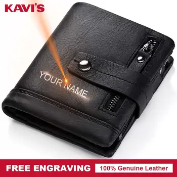 

KAVIS Free Engraving Genuine Leather Wallet Men PORTFOLIO Portomonee Perse Pocket Zipper Male Cuzdan Card Holder Mini Coin Purse