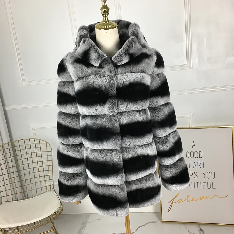 real rex rabbit  fur coat short medium jacket warm for winter  with fur hood 