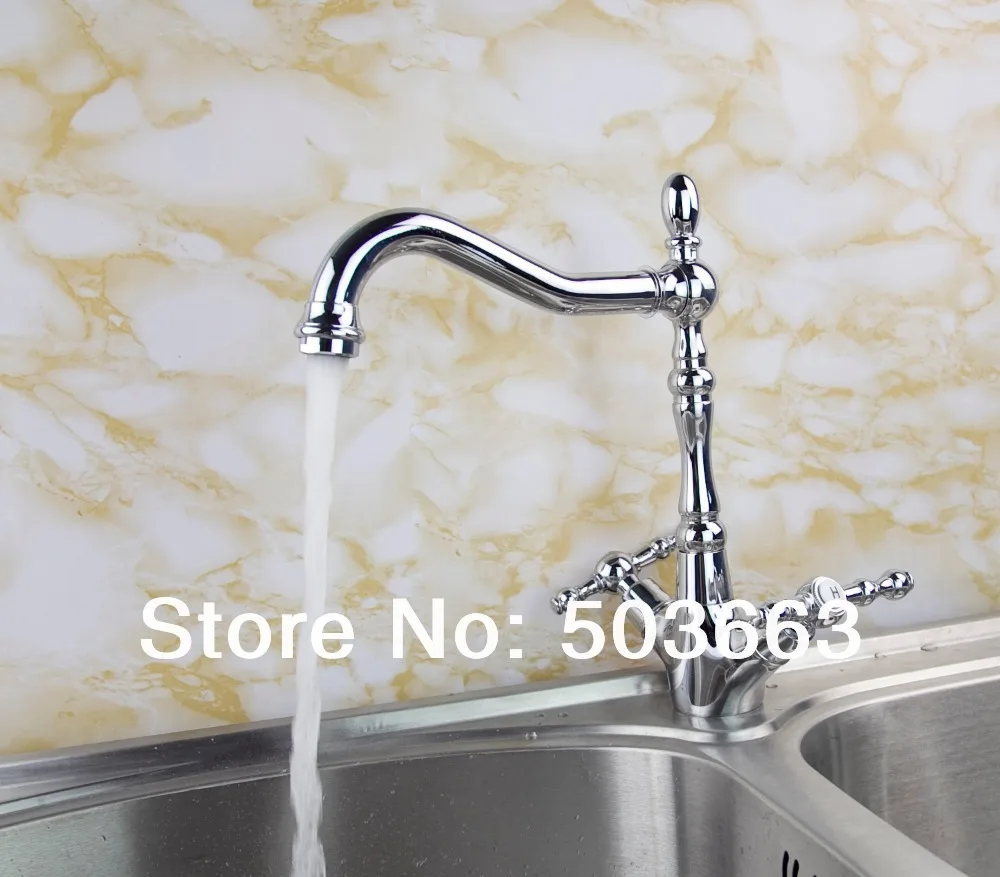 Unique Swivel Chrome Brass Kitchen Faucet Spout Vessel Basin Sink Double Handles Deck Mounted Mixer Tap