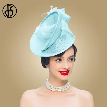 

FS Royal Blue Women Sinamay Fascinator Hat For Wedding Elegant Pillbox Hat Flower Ladies Derby Hats Church Dress Party Fedora