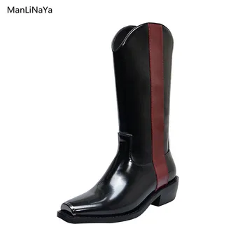 

Newest Patent Leather Square Heel Toe Women Boots Knee-high Black Red Straps Long Boots Autumn Slip on Rubber Sole Female Shoes