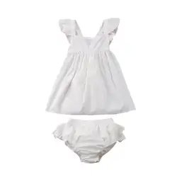 Повседневное однотонная летняя одежда для малышей для девочек наряды для младенцев рубашки для детей с бантом топы и шорты брюки 2 шт