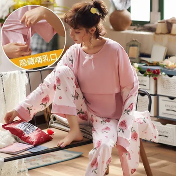 

3PCS/Set Sweet Printed Cotton Maternity Nursing Sleepwear Breastfeeding Nightwear for Pregnant Women Pregnancy Pajamas Suits