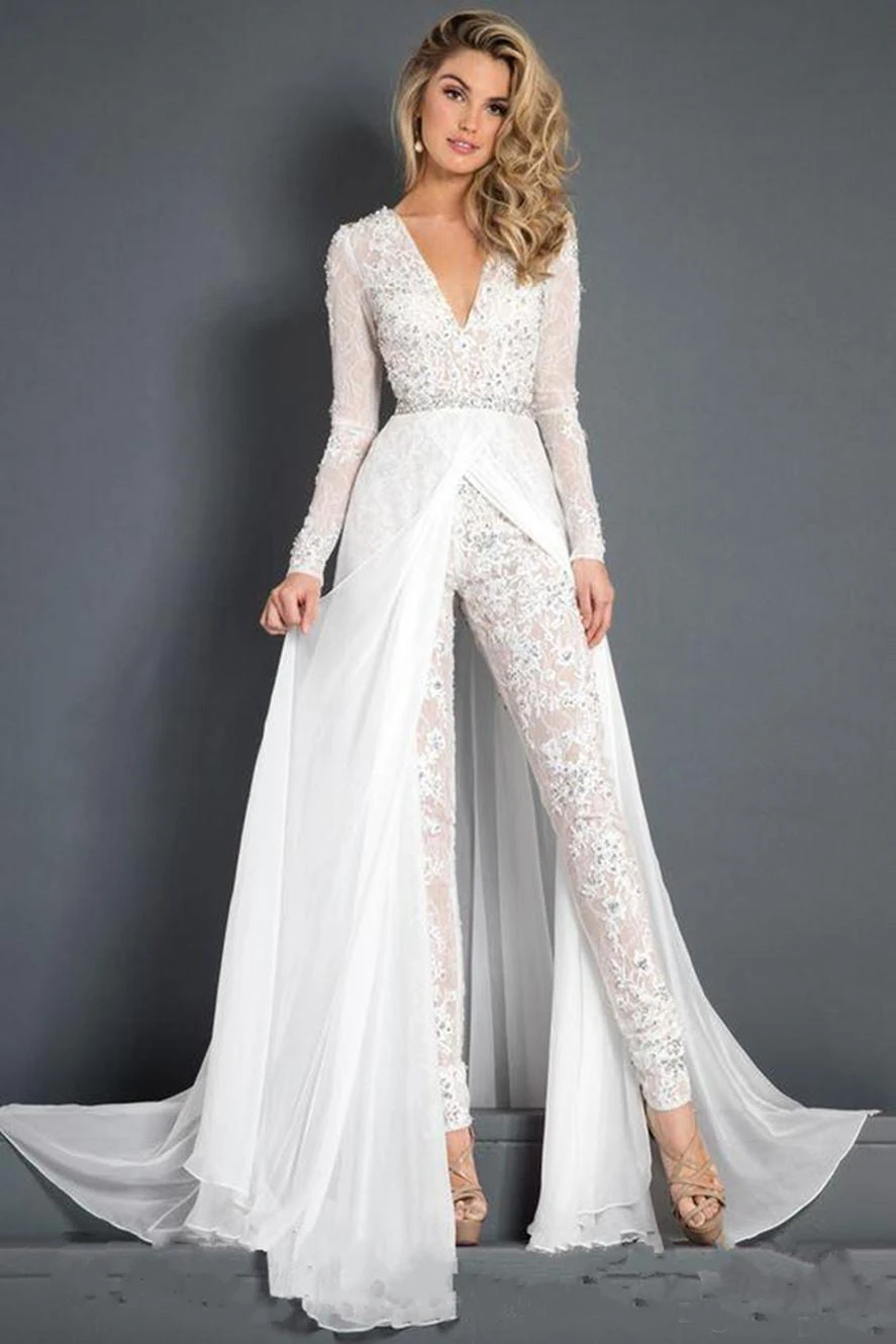 

Muslim Wedding Dress V neck Pantsuit Detachable Appliques Illusion vestido de casamento Dubai Arabic Wedding Gown Bridal Dress